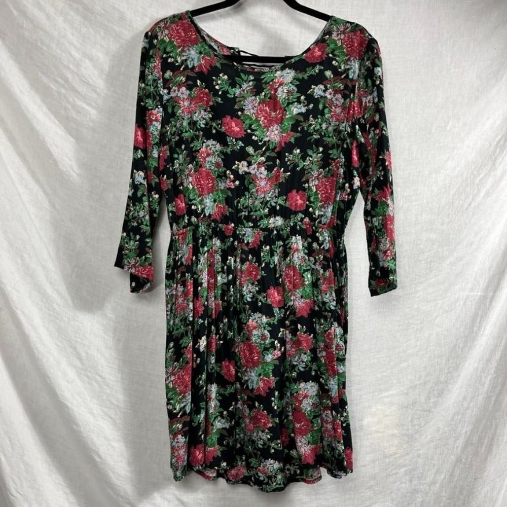 Element Floral‎ Skater Mid Dress Women L Open Back Lace Up Elastic Waist 90s Y2K